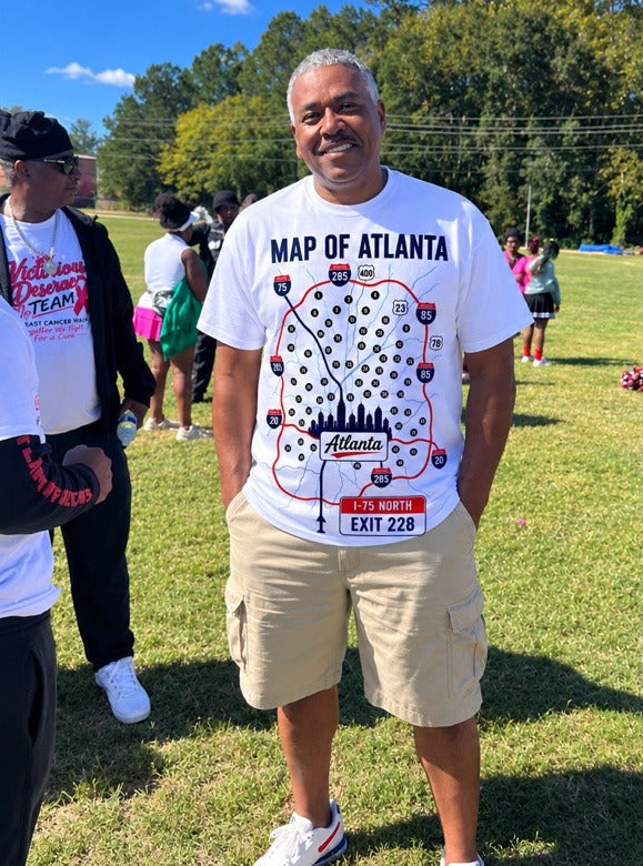 Map of Atlanta Tee — front, Atlanta interstate map with I-75 North Exit 228, worn